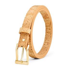 Women's Slim Belt – Light Brown Cork Strap With Gold Nickel-free Buckle, Vegan🐭